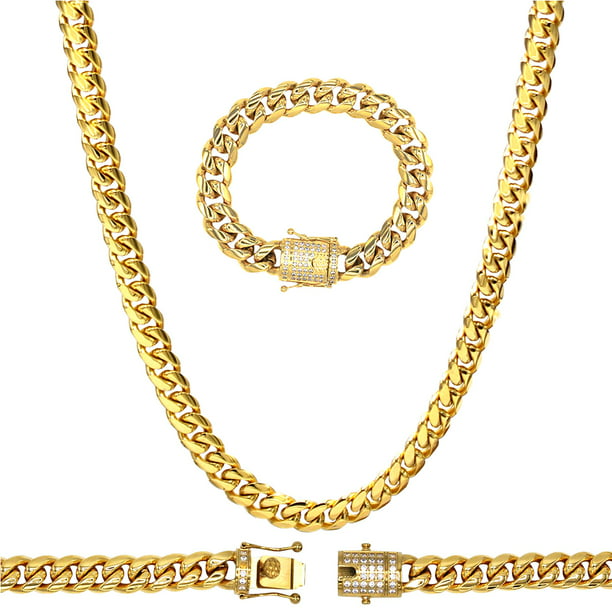 Details about   8mm Miami Cuban Link Bracelet 8'' & Chain 16'' 18k Gold Plated Stainless Steel